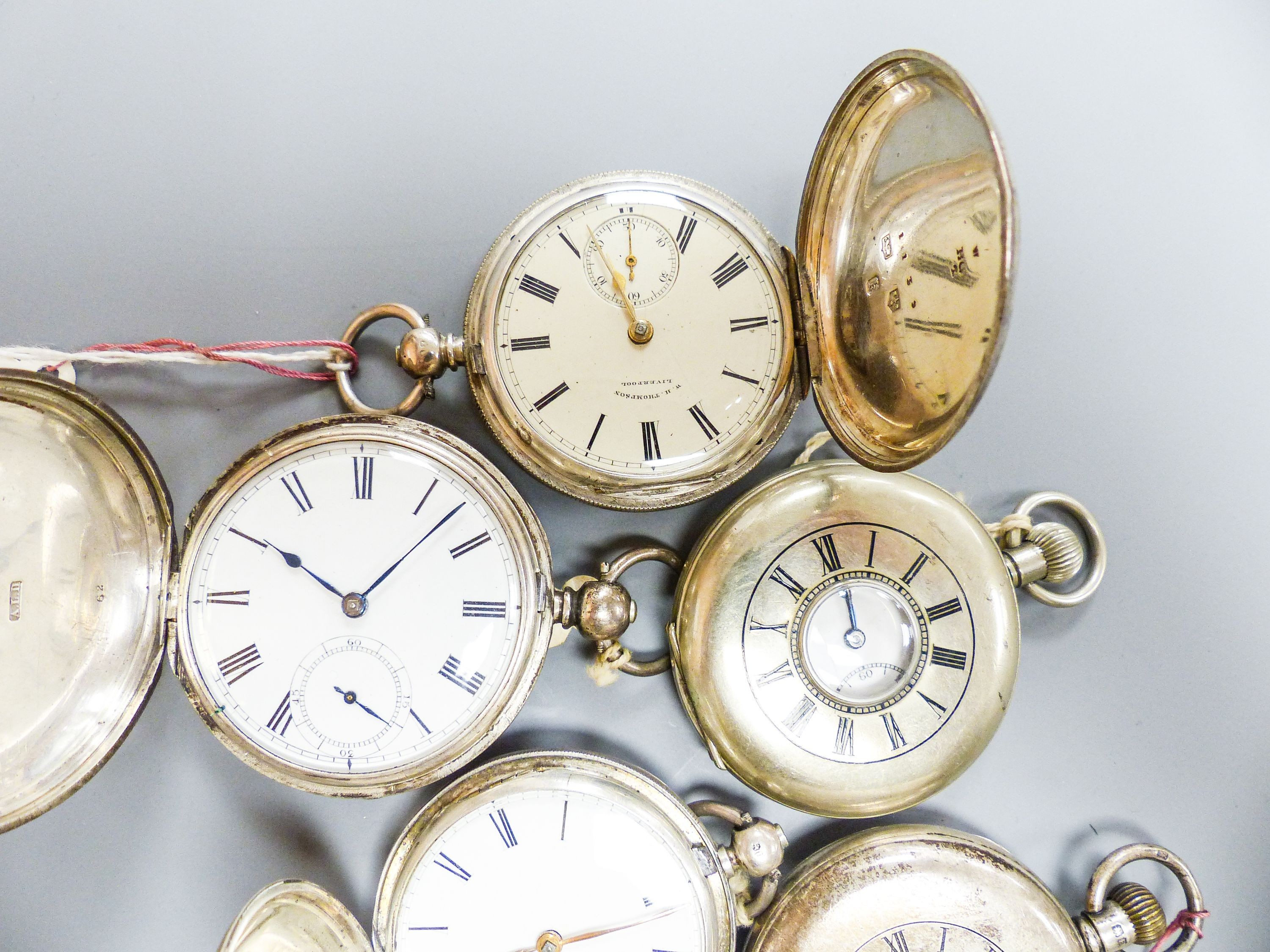 Four Victorian silver keywind full hunter pocket watches and two silver keyless half hunter pocket watches.